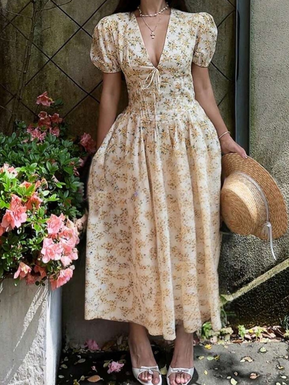 Floral Puff-Sleeve Midi Dress in Cream and yellow